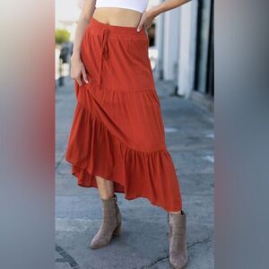 Ambiance Apparel Women's Boho Maxi rust orange tiered skirt size M